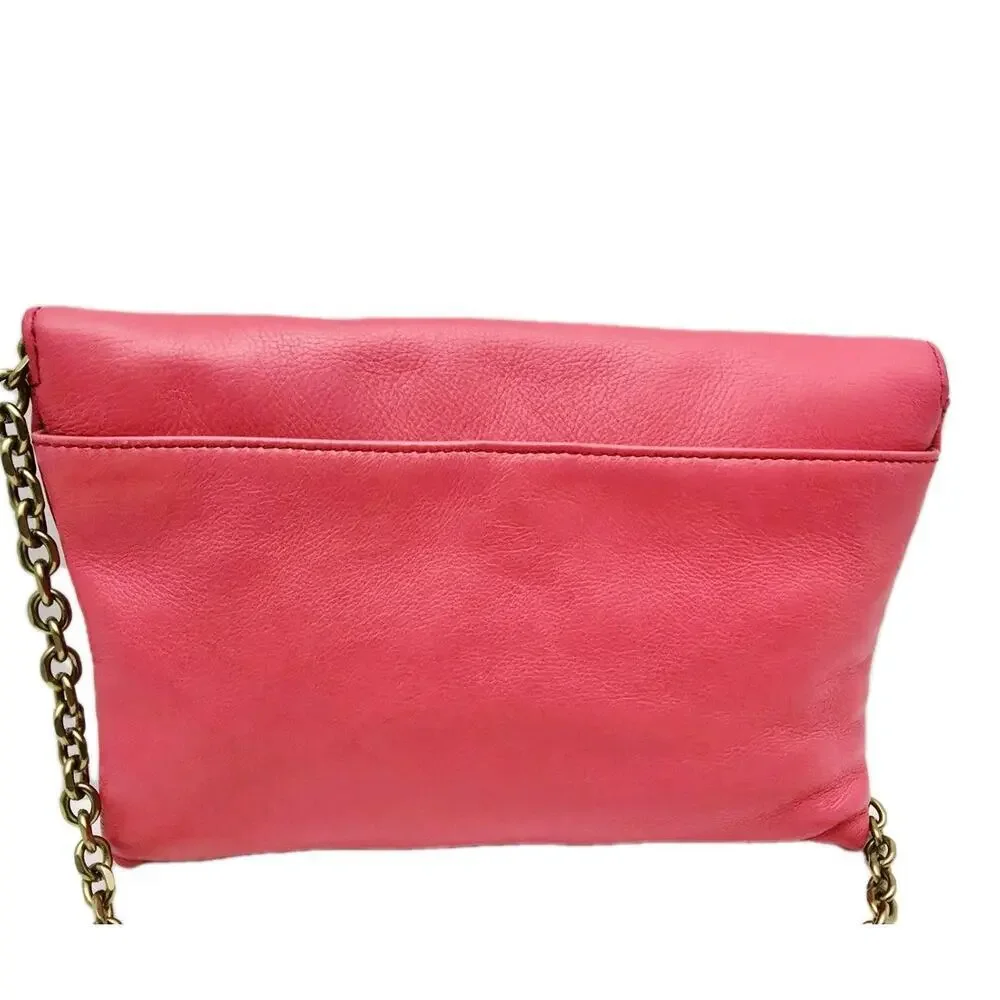 J. Crew Hot Pink Leather Invitation Bag Clutch Envelope Shoulder Purse w/Chain